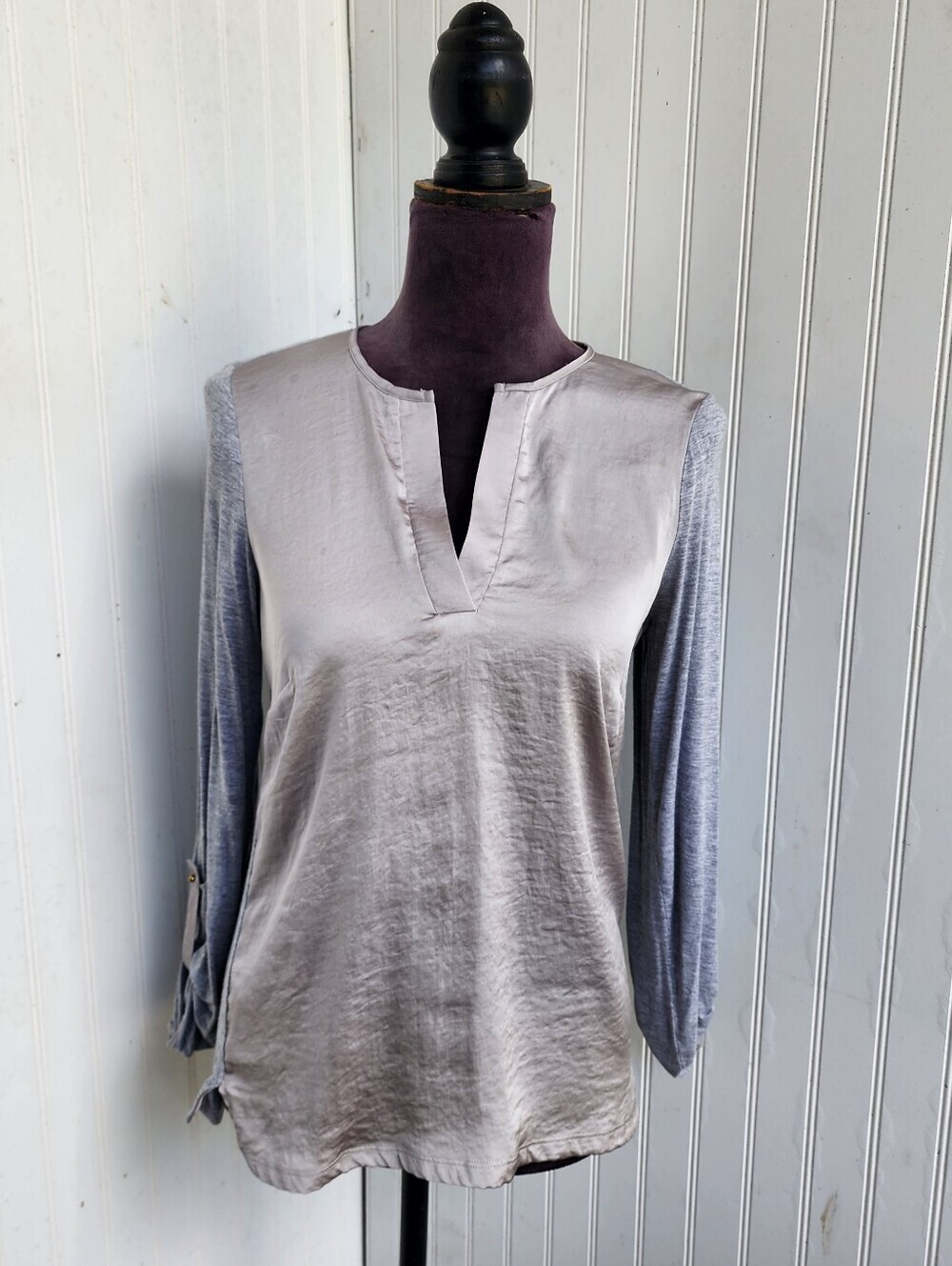 The Limited Taupe Gray Satin Jersey Rayon Blouse Womens 3/4 Sleeve Size S